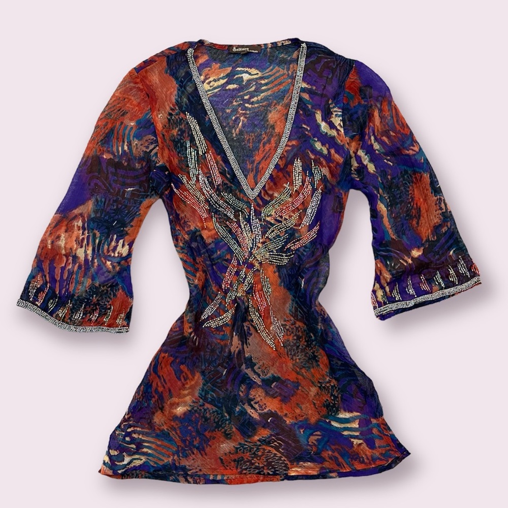 Vintage 90’s Red Purple Multicolor V Neck Beaded Sheer Long Sleeve Tunic Blouse